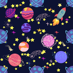 Seamless space pattern. Planets, rockets and stars. Cartoon spaceship