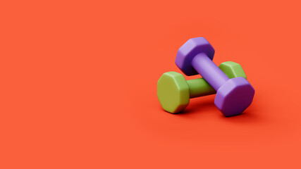 Obraz na płótnie Canvas two multicolored dumbbells isolated on red background, template or wallpaper, postcard, 3d rendering