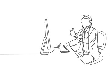 One continuous line drawing of young happy male call center worker giving thumbs up gesture while handle customer complaint. Customer service care concept single line draw design vector illustration