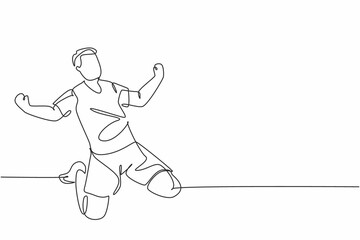 One single line drawing of sporty young football player celebrating his goal scoring on the field emotionally on field. Match goal celebration concept continuous line draw design vector illustration