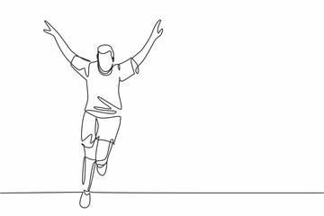 Single continuous line drawing of young sporty soccer player running around the field while spreading his arms on field. Match soccer goal celebration concept one line draw design vector illustration