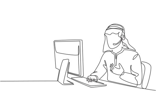 recommend clip art: One single line drawing of young Arabian man wearing scarf receives complaint call from customer about broken new product. Call center care concept continuous line draw design vector illustration