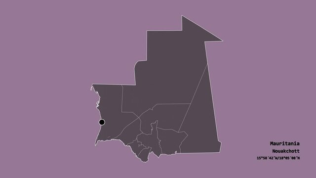 Hodh ech Chargui, region of Mauritania, with its capital, localized, outlined and zoomed with informative overlays on a administrative map in the Stereographic projection. Animation 3D