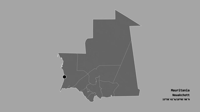 Hodh ech Chargui, region of Mauritania, with its capital, localized, outlined and zoomed with informative overlays on a bilevel map in the Stereographic projection. Animation 3D