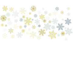 Christmas snowflakes background with place for text. Winter gold and silver snow minimal frame decoration on white, greeting card. New Year Holidays subtle backdrop. Vector illustration 