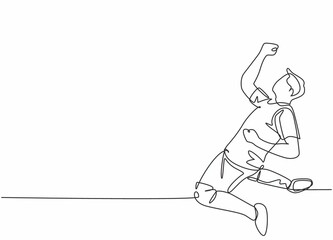 Single continuous line drawing of young sporty football player punching his fist hands up to the air on the field. Match soccer goal celebration concept one line draw design vector illustration