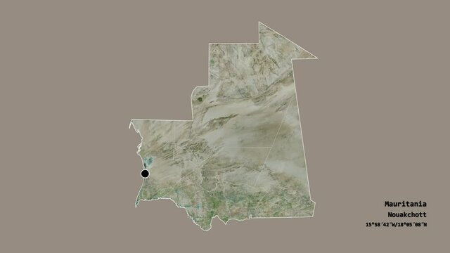 Hodh ech Chargui, region of Mauritania, with its capital, localized, outlined and zoomed with informative overlays on a satellite map in the Stereographic projection. Animation 3D