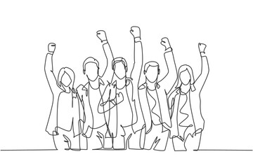 One continuous line drawing of young happy male and female worker raise their hands up to the sky together. Business teamwork celebration concept single line graphic draw design vector illustration