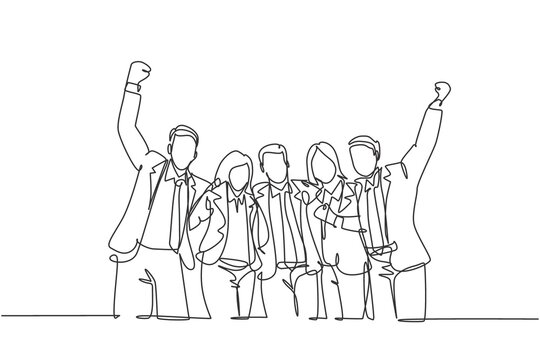 Single continuous line drawing of young happy male and female managers celebrating their job promotion together. Business teamwork celebration concept one line draw design graphic vector illustration