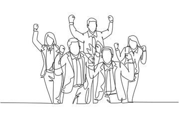 Fototapeta na wymiar One single line drawing of young happy male and female workers standing forming circle shape together. Business teamwork celebration concept continuous line draw design vector illustration