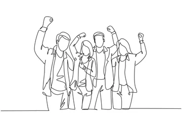 Photo sur Aluminium Une ligne Single continuous line drawing of young happy company founder prancing with joy at the investor office together. Business teamwork celebration concept one line draw design vector graphic illustration