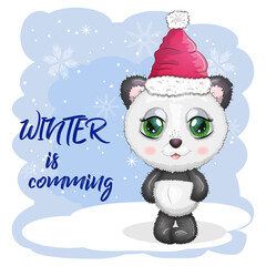 Cute cartoon panda bear with big eyes in a red Santa Claus hat. Winter is coming. greeting card