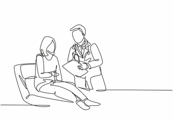 One continuous line drawing of male doctor talking about medical report to the laying female patient in the bed. Trendy hospital health care service concept single line draw design vector illustration