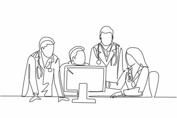 One continuous line drawing group of young doctor discuss proper treatment while watching patient medical report on computer. Hospital health care concept single line draw design vector illustration