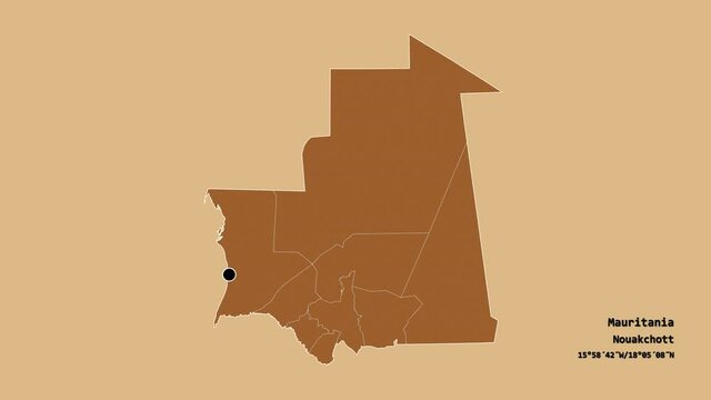 Tagant, region of Mauritania, with its capital, localized, outlined and zoomed with informative overlays on a solid patterned map in the Stereographic projection. Animation 3D