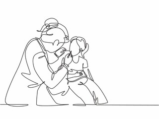 Single continuous line drawing of young female dentist examining young girl teeth condition at dental clinic. Medical health care service workers concept one line draw design vector illustration