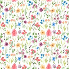 Watercolor summer seamless pattern with  pretty meadow flowers. Hand drawn wildflowers. Herbs paper. Field florals bouquet.