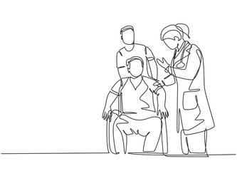 One continuous single line drawing of young female doctor giving consultation session to the patient on wheelchair. Medical health care treatment concept single line draw design vector illustration