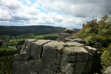 Rock formations in Szczeliniec Wielki in the Stolowe Mountains, the Sudeten range in Poland. The Stolowy Mountains National Park is a great tourist attraction