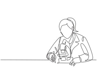 One continuous line drawing of young female scientist examine the virus that causes covid with laboratory microscope. Coronavirus vaccine research concept single line draw design vector illustration