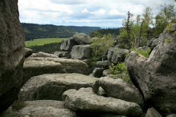 Rock formations in Szczeliniec Wielki in the Stolowe Mountains, the Sudeten range in Poland. The Stolowy Mountains National Park is a great tourist attraction