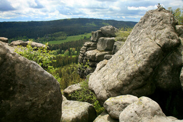 Rock formations in Szczeliniec Wielki in the Stolowe Mountains, the Sudeten range in Poland. The...