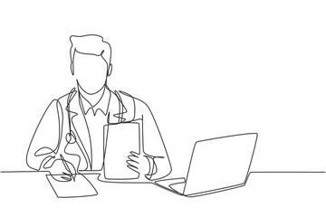 One single line drawing of young happy male doctor writing medical prescription to the sick patient at hospital desk. Medical healthcare service concept continuous line draw design vector illustration