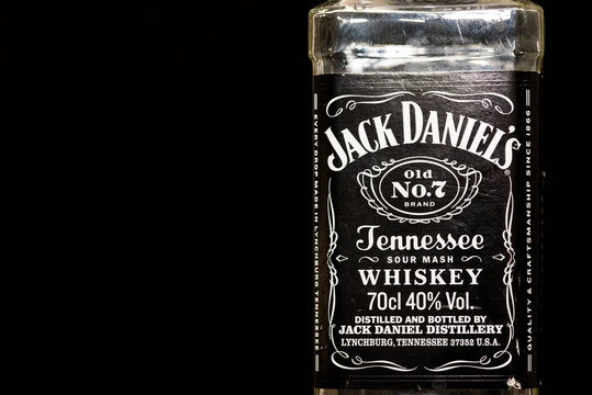 Miercurea Ciuc, Romania-10 October 2018: Empty Jack Daniels bottle isolated on black background.
