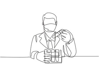 One continuous line drawing of young male laboratorian test blood sample from glass tube to find covid-19 vaccine. Coronavirus medical research concept single line draw design vector illustration