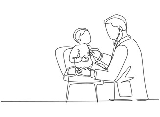 Single continuous line drawing of young male pediatric doctor examining heart beat cute toddler patient with stethoscope. Medical health care treatment concept one line draw design vector illustration