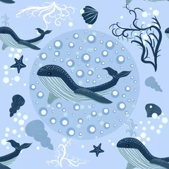 Zelfklevend Fotobehang seamless pattern with underwater animals, seaweed and corals. Repeated texture with sea cartoon characters. © MichiruKayo