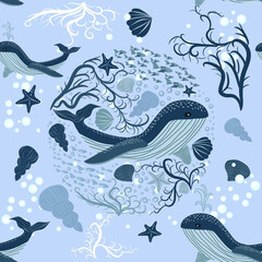 seamless pattern with underwater animals, seaweed and corals. Repeated texture with sea cartoon characters.