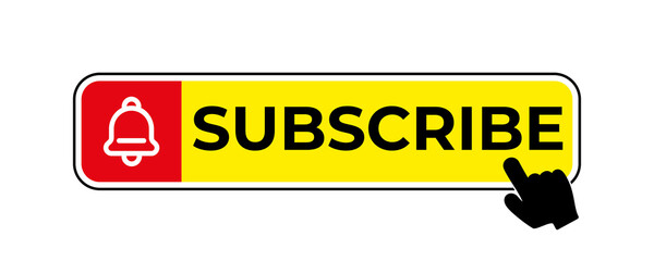 Subscribe button for social media. Subscribe to video channel, blog and newsletter. Red button with hand and bell for subscription. Vector illustration
