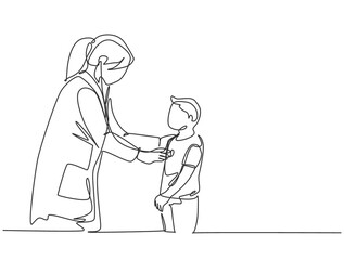 One single line drawing of female pediatric doctor examining heart beat young boy patient with stethoscope. Trendy medical health care treatment concept continuous line draw design vector illustration