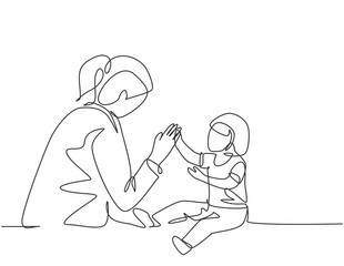 Single continuous line drawing of young female pediatric doctor invited cute baby toddler patient to play and follow her instruction. Medical treatment concept one line draw design vector illustration