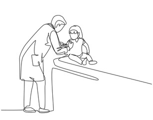 Single continuous line drawing of young male pediatric doctor giving injection to toddler girl patient at hospital. Medical health care treatment concept one line draw design vector illustration