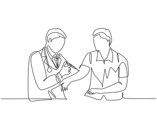 Single continuous line drawing of young male doctor giving vaccine injection to male patient to cure his illness. Medical health care treatment concept one line draw graphic design vector illustration