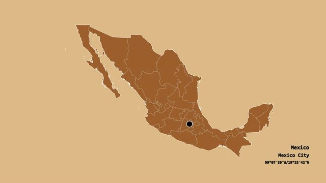 Baja California Sur, state of Mexico, with its capital, localized, outlined and zoomed with informative overlays on a solid patterned map in the Stereographic projection. Animation 3D