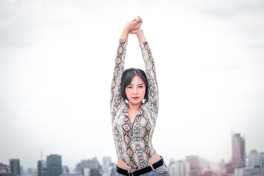 Asian Attractive Sexy Dancer Women Dancing On Rooftop With Skyscraper City View, Hip Hop Street Dance