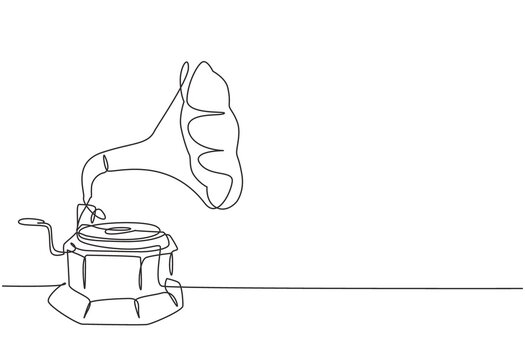Single continuous line drawing of old retro analog vinyl gramophone with wooden table box . Nostalgic vintage classic music player concept. Musical instrument one line draw design vector illustration