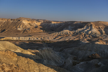 Fototapeta na wymiar View of Nahal Zin, a 120 km long intermittent stream, the largest canyon in country, as seen from Sde Boker field school, Negev desert, Israel.