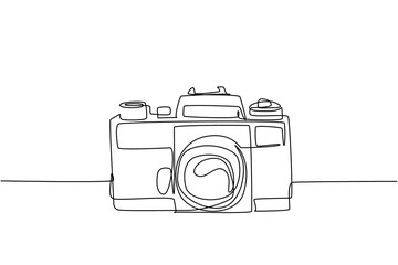 One continuous line drawing of old retro analog slr camera, front view. Vintage classic photography equipment concept single line draw graphic design vector illustration