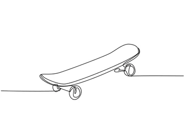 Poster Single continuous line drawing of old retro skateboard on street road. Trendy hipster extreme classic sport concept one line draw design graphic vector illustration © Simple Line