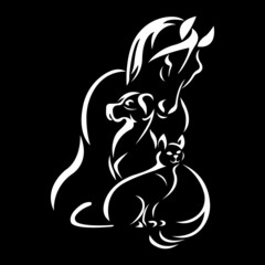 Horse, dog, white ceta cat on a black background. Design is suitable for the logo of organizations for the protection and care of pets, pet stores and feed, veterinary institutions. Isolated vector