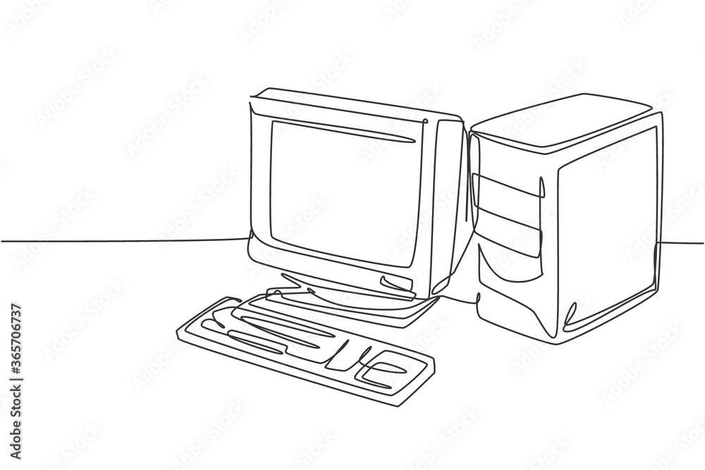 Poster single continuous line drawing of of retro old classic personal computer processor unit. vintage cpu
