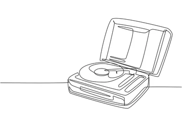 Deurstickers One single line drawing of retro old classic portable music turntable vinyl disc jockey. Vintage analog audio player item concept continuous line graphic draw design vector illustration © Simple Line