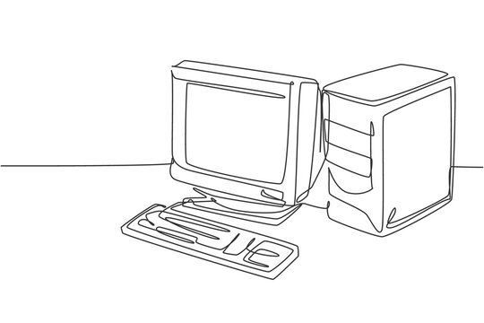 Single Continuous Line Drawing Of Of Retro Old Classic Personal Computer Processor Unit. Vintage Cpu With Analog Monitor And Keyboard Item Concept One Line Draw Design Vector Illustration Graphic