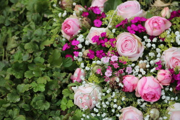 Obraz na płótnie Canvas Blumen in Rosa und Pink mit Rosen nach Beerdigung auf dem Friedhof 
