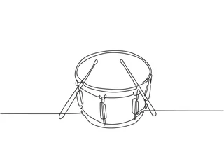 Fotobehang One single line drawing of little drum with drum sticks. Percussion music instruments concept. Dynamic continuous line draw design graphic vector illustration © Simple Line