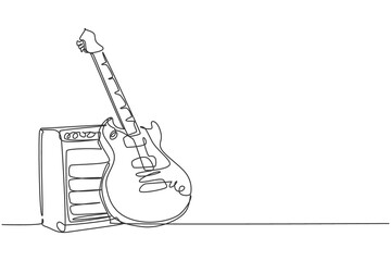 One single line drawing of electric guitar with amplifier. Stringed music instruments concept. Trendy continuous line draw graphic design vector illustration